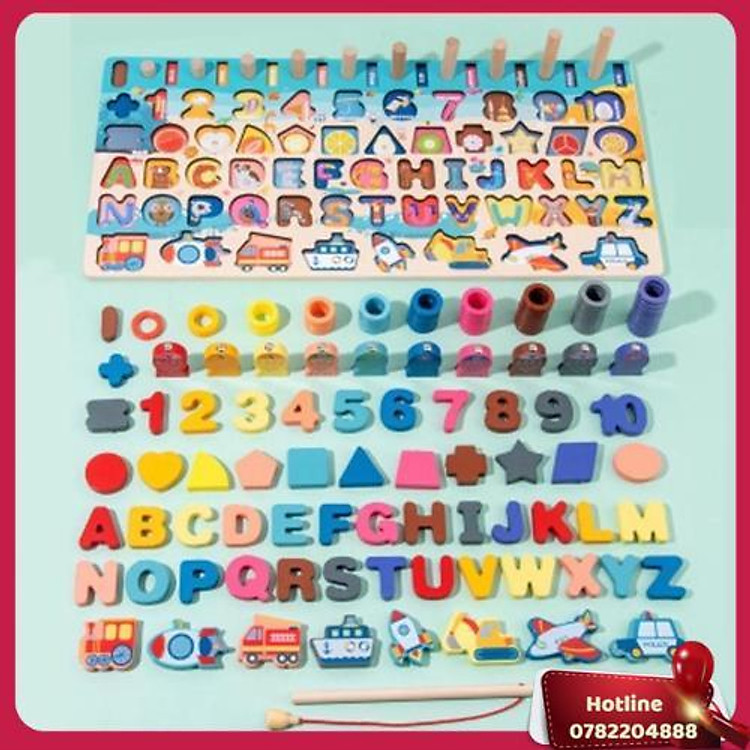 Bộ Đồ Chơi Gỗ 6 In 1 Giúp Bé Học Chữ Cái, Số Đếm, Ghép Hình Đồ Chơi Phương Tiền Giao Thông Kèm Thả Vòng Câu Cá Cho Bé - Miễn Phí Vận Chuyển