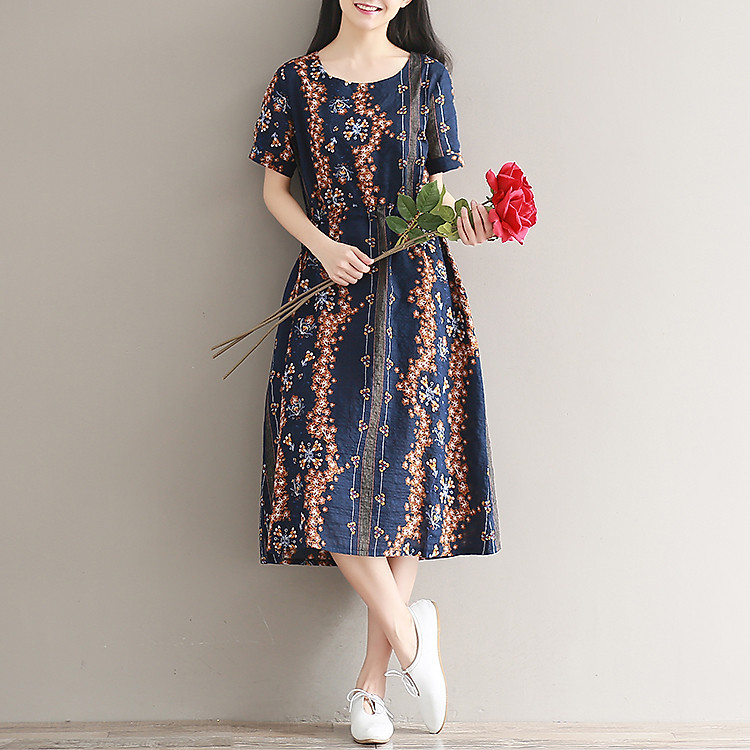 Đầm bầu công sở dây thắt eo họa tiết thổ cẩm DB016