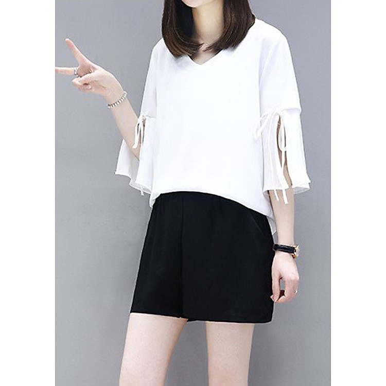 Set Áo Kiểu Nữ Phối Nơ + Quần Short Thời Trang