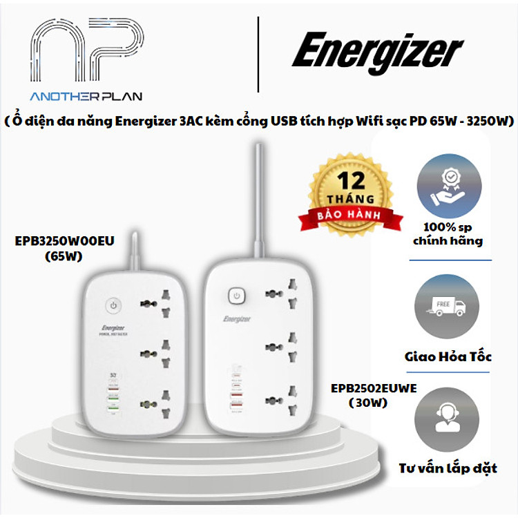 [ Hàng Chính Hãng ] Ổ điện đa năng Energizer 3AC kèm cổng USB tích hợp Wifi sạc PD 65W chịu tải 3250W