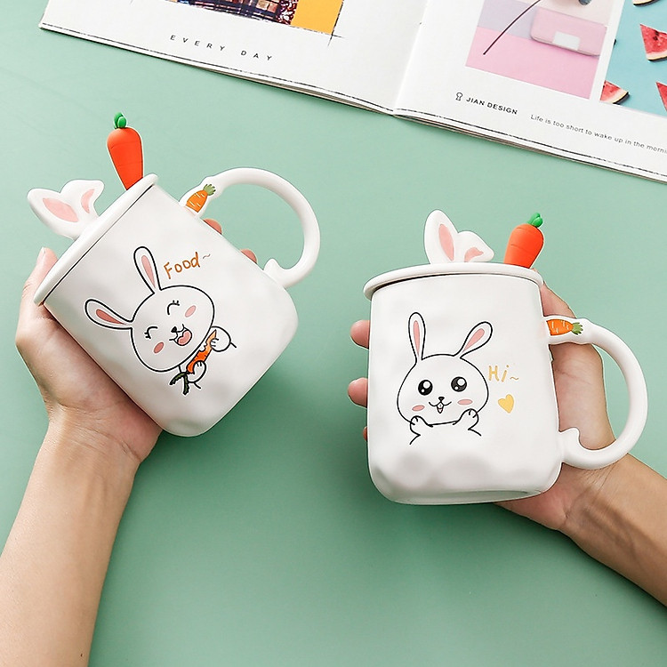 Ly cốc sứ thỏ có nắp và muỗng Inox - Ảnh 3