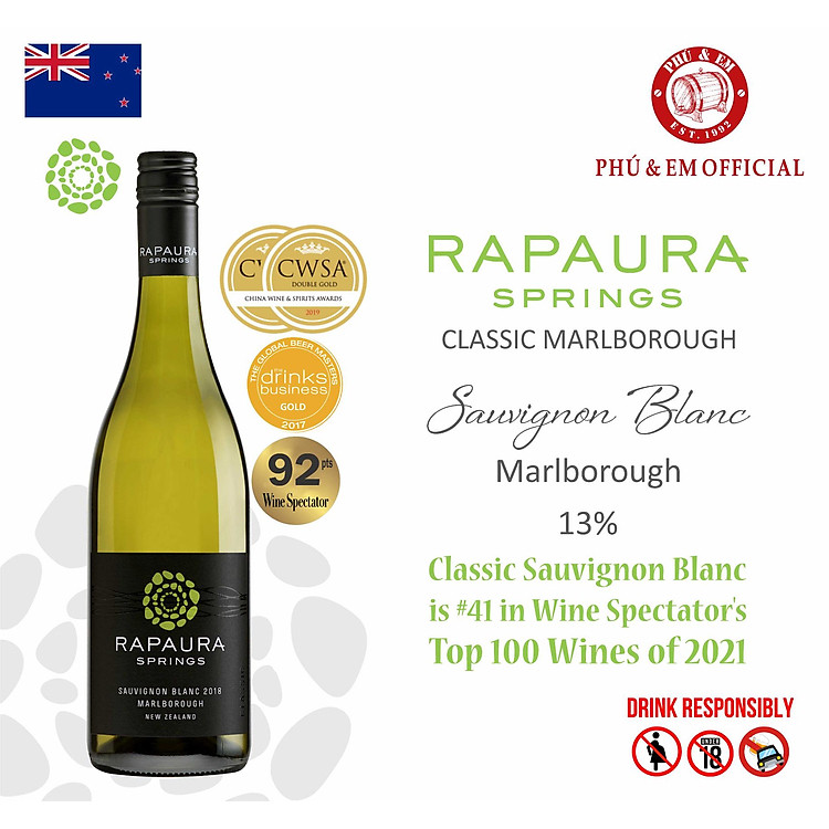 Rượu Vang Trắng New Zealand Rapaura Springs Classic Marlborough Sauvignon Blanc