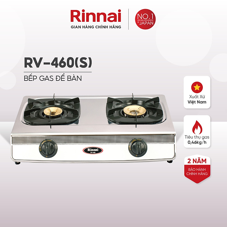 Bếp gas dương Rinnai RV-460(S) mặt bếp inox và kiềng bếp men - Hàng chính hãng.
