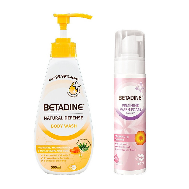 Combo sữa tắm kháng khuẩn Betadine hương mật ong Manuka chai 500ml + Bọt vệ sinh phụ nữ Betadine Moisturising - chai 100ml