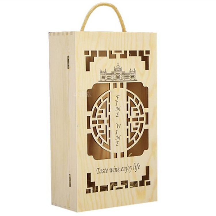 Hộp rượu vang gỗ thông đôi (2 chai) tặng kèm dụng cụ khui rượu vang