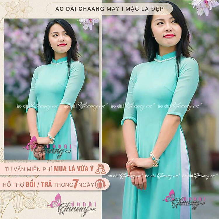 Áo dài lụa xanh ngọc Chaang đính đá ngọc zíc zắc cao cấp, cổ vuông tay lỡ