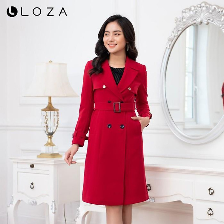 Áo khoác măng tô nữ LOZA kèm đai màu đỏ đô - LK6021