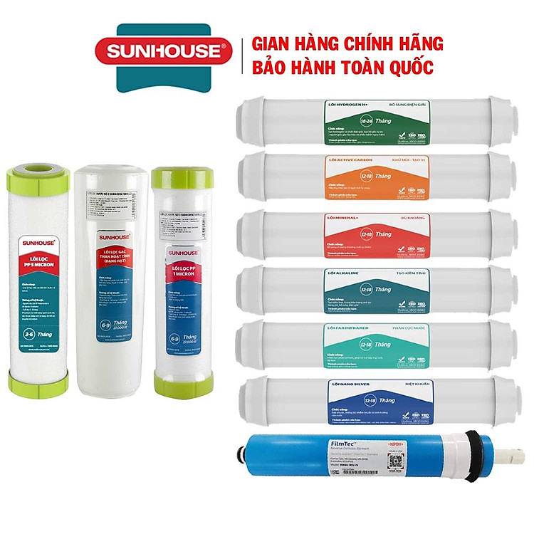 Bộ lõi lọc nước Sunhouse từ 1 đến 10, Gồm có: Lõi lọc thô 123, Lõi lọc số 4 RO, 6 lõi lọc chức năng