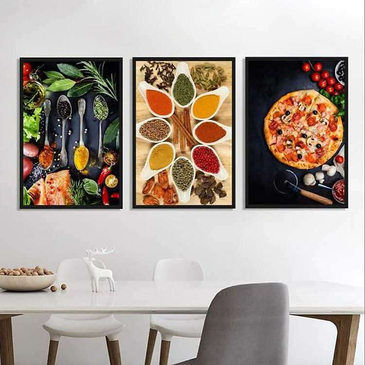Bộ 3 tranh canvas treo phòng bếp chủ đề đồ ăn kèm khung composite 2cm