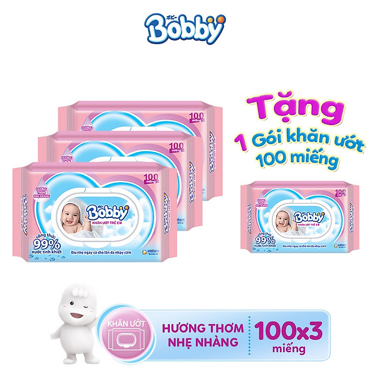 Combo 3 gói Khăn giấy ướt Bobby Care hương thơm nhẹ nhàng 100 tờ (Hồng) + Tặng 1 gói khăn ướt (hồng)