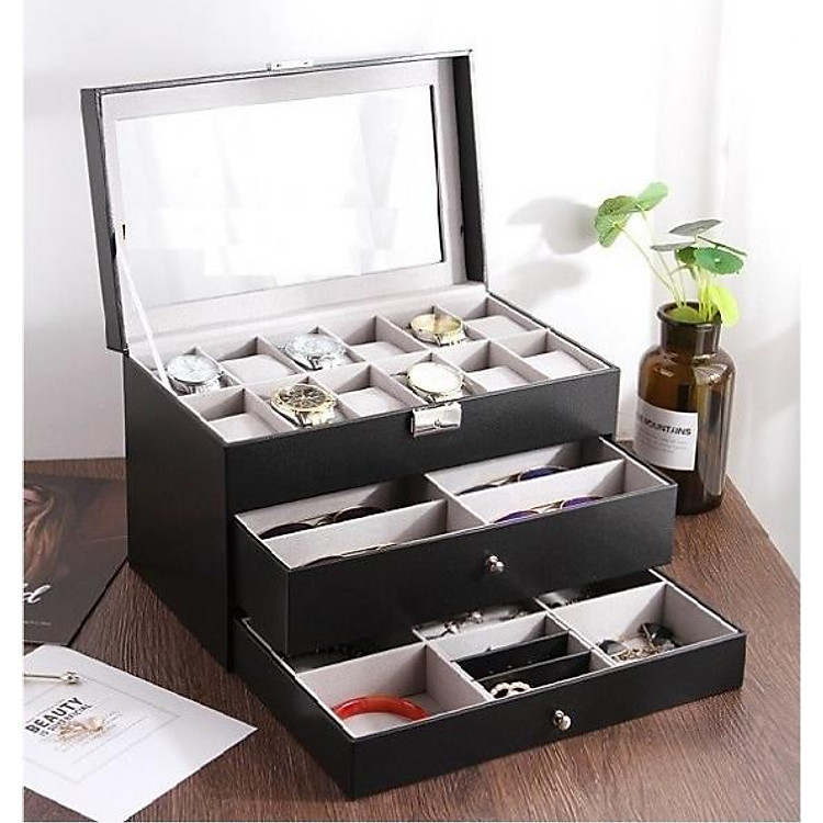 Hộp Đồng Hồ - Trang Sức - Mắt Kính 3 tầng (34cm x 19cm x 22cm)