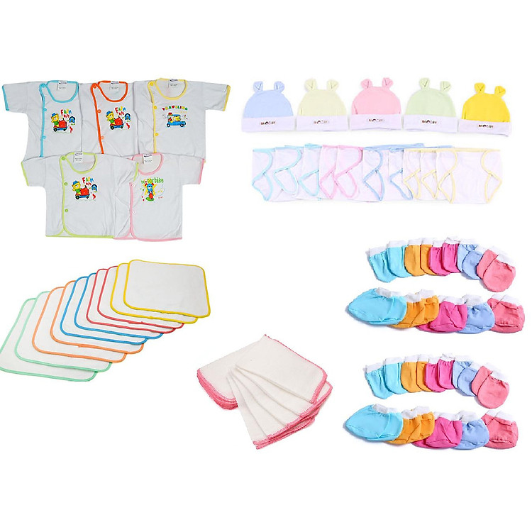 Combo 60 Món Đồ Dùng Sơ Sinh _y hình( 5 áo bác sĩ Trắng ngắn tay + 5 nón + 10 tã lót + 10 tã dán + 10 khăn sữa + 10 cặp bao tay + 10 cặp bao chân)