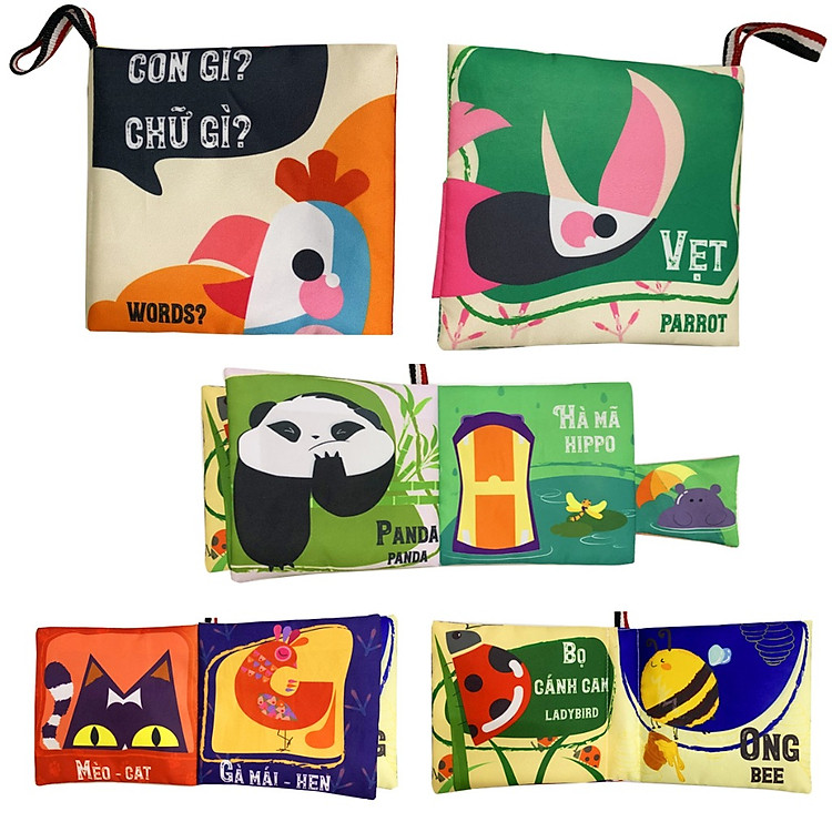 Sách vải kích thích thị giác- song ngữ Anh Việt chủ đề: Con gì chữ gì ( PiPô Việt Nam )