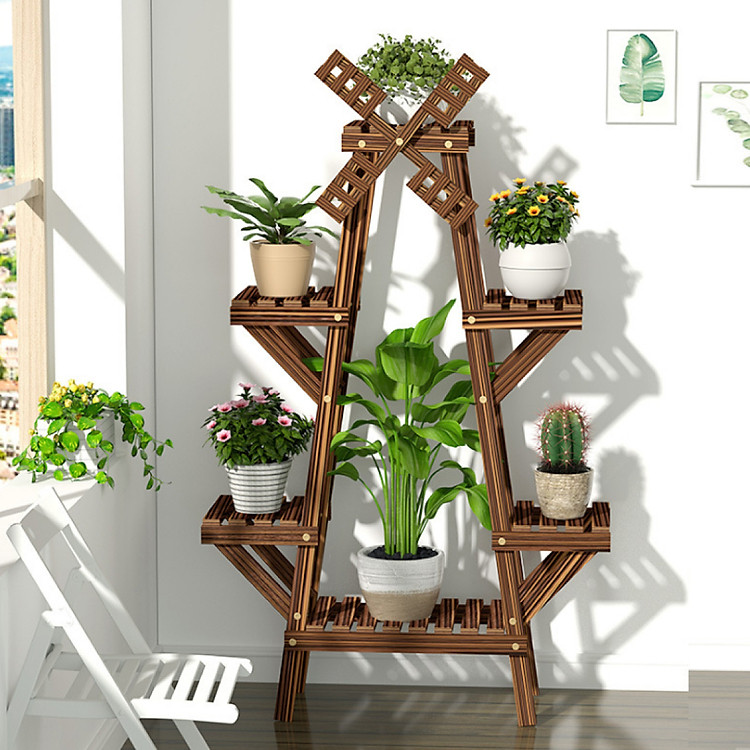 Giá để chậu hoa cây cảnh, mẫu A248 làm từ gỗ thông tự nhiên chắc chắn được xử lý cacbon hóa chống côn trùng, khó thấm nước, kích thước cao 96cm rộng 47cm sâu 25cm, tặng bộ dụng cụ trồng cây