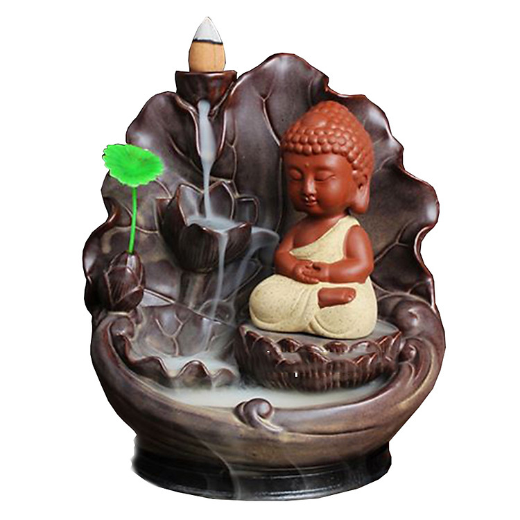 Thác khói trầm hương để bàn tặng 3 nụ trầm phật như lai tọa thiền bên hồ sen