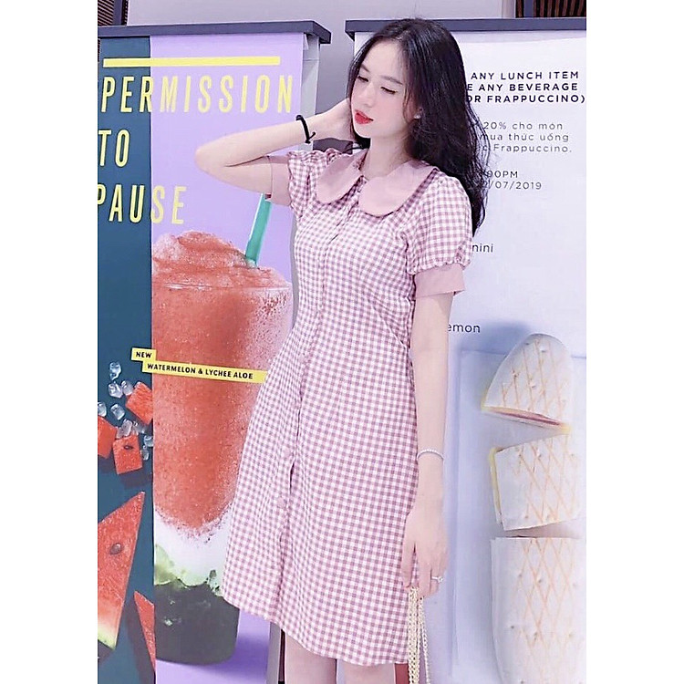 Đầm caro hồng cổ sen