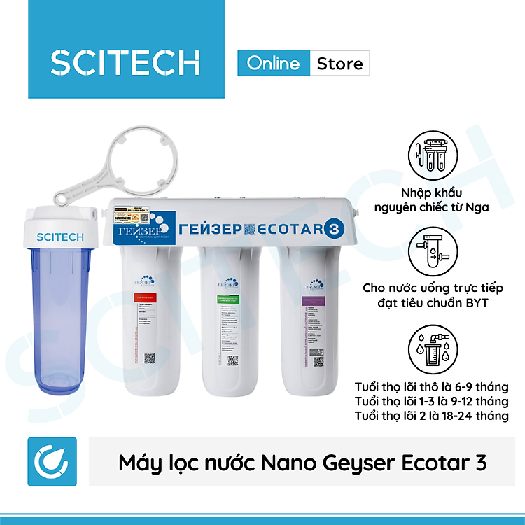Máy lọc nước Nano Geyser Ecotar 3 kèm bộ đơn lọc thô 10 inch by Scitech - Hàng chính hãng