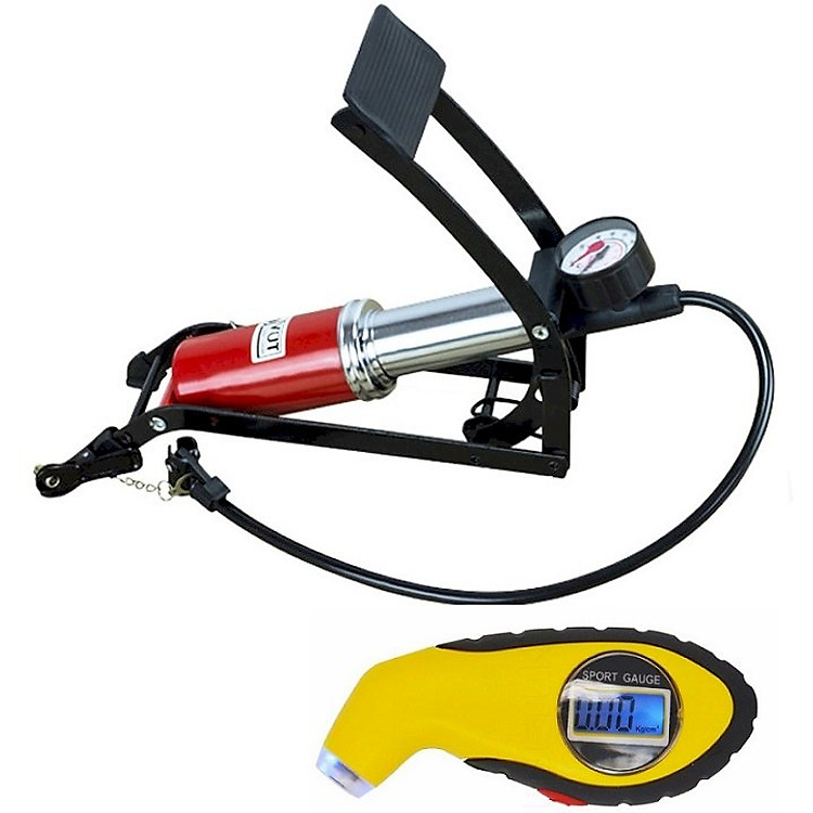 Combo Bơm hơi đạp chân 1 Pitton kèm Đồng hồ điện tử đo áp suất lốp xe chuyên dụng cho ô tô xe máy