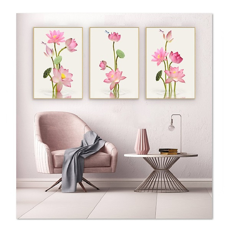 Decal dán tường bộ 3 khung tranh Hoa sen hồng Tipo_0209