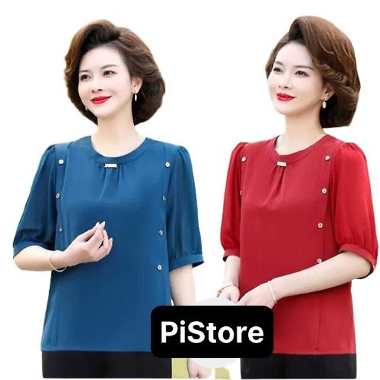 ️Có Big Size️ Áo Kiểu Trung Niên U40+ , Mẫu Áo Trẻ Trung Cho Mẹ, Lụa Mango Cổ Tròn Tay Lỡ Đính Nút Trang Nhã