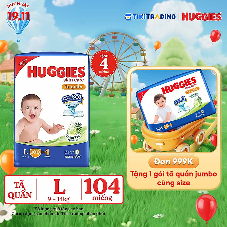 Tã quần Huggies Skin Care Mega Jumbo L100+4 miếng với tràm trà dịu da