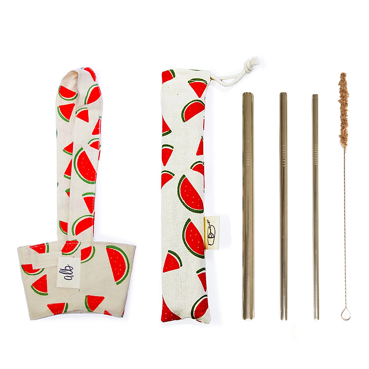 Combo Bộ 3 Ống hút Inox 304, Cọ rửa kim loại, Túi Rút + Quai vải đựng ly Dưa Hấu