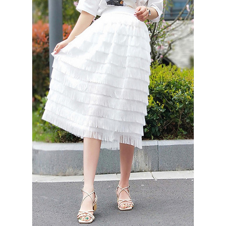 Chân váy maxi xếp tầng tua rua trắng - CV034