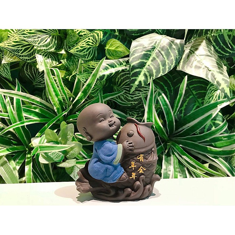 Tượng Chú Tiểu Cưỡi Cá Chép Trồng Cây Cắm Hoa để Bàn - Ảnh 4