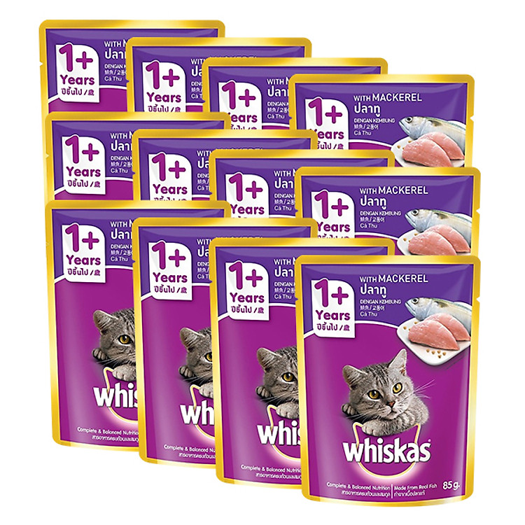 Combo 12 Gói Thức Ăn Cho Mèo Lớn Whiskas Vị Cá Thu (85g)