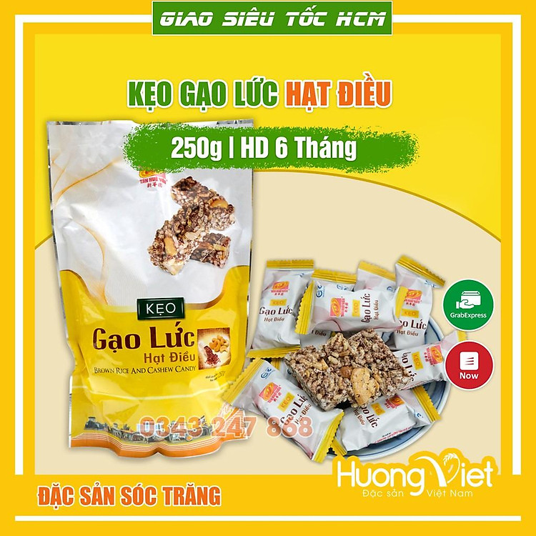 Đặc Sản Sóc Trăng - Kẹo Gạo Lức Hạt Điều Cao Cấp Tân Huê Viên 250G, Kẹo Gạo Lứt Sóc Trăng