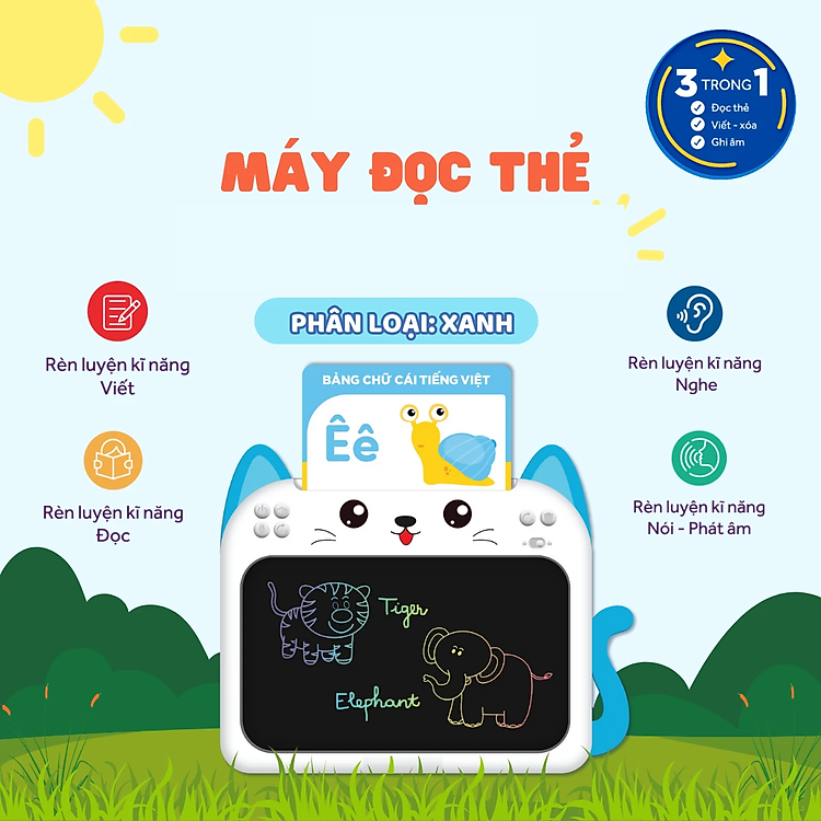 Máy Đọc Thẻ Flashcard 3in1 Song Ngữ Anh - Việt, Kết Hợp Bảng Vẽ Điện Tử LCD Tự Xóa Thông Minh