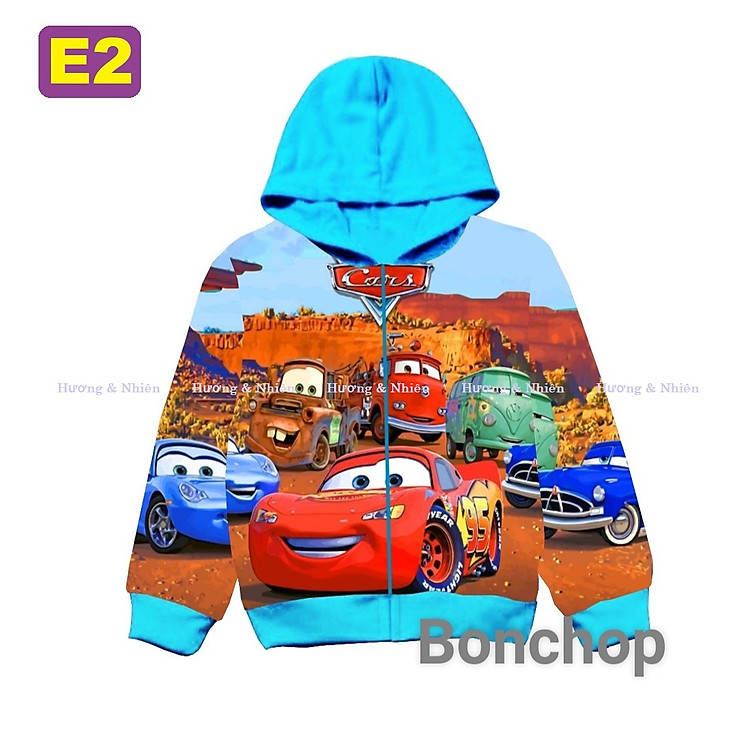 Áo khoác cho bé trai hình xe Mc Queen từ 14-43kg. Chất thun cotton da cá, in 3d giặt không bong chóc