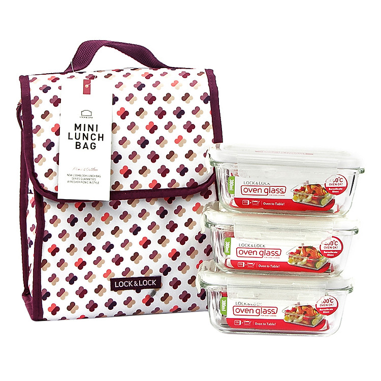 Bộ Túi Hộp Cơm Thủy Tinh Lock&Lock LLG422WN3 4EA - Wine