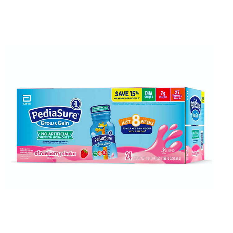 Thùng Sữa Pediasure Nước Grow & Gain Optigro Strawberry Shake (vị dâu) mẫu mới 2020 Của Mỹ 24 chai x 237 ML