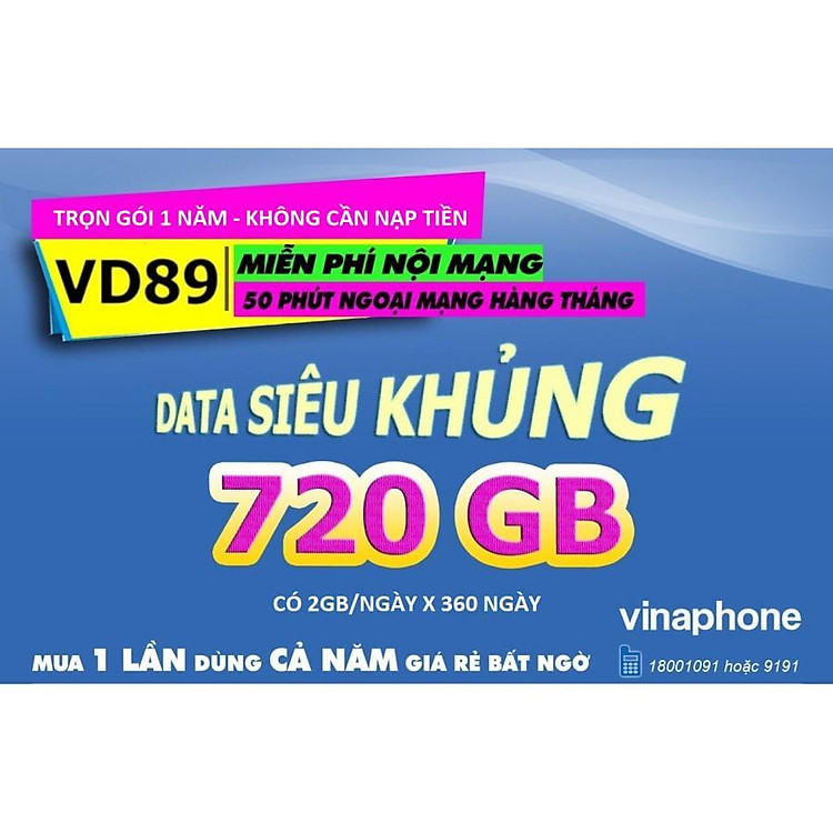 Sim 4G Vinaphone VD89 trọn gói 1 năm (720Gb - không nạp tiền hàng tháng) - Đăng ký đúng chủ - Hàng Chính hãng