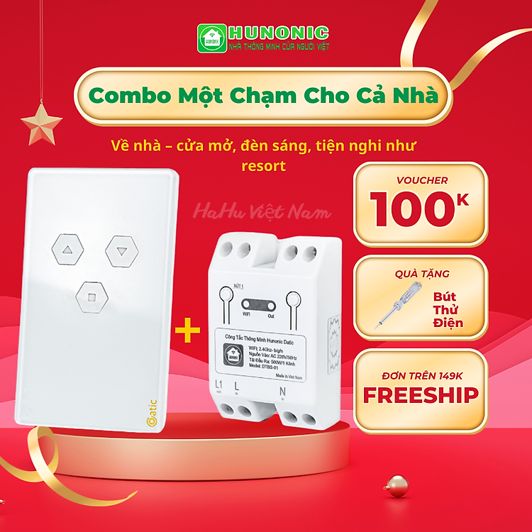 Combo Công Tắc Cửa Cuốn Thông Minh Và Công Tắc Wifi Thông Minh Hunonic Điều Khiển Toàn Bộ Ngôi Nhà Từ Xa Qua Điện Thoại