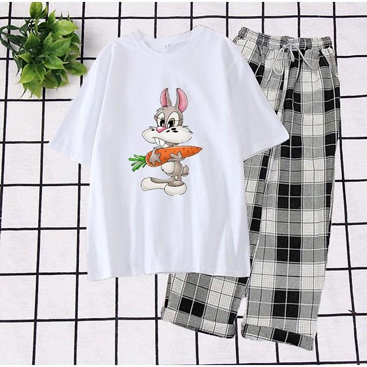 Sét Bộ Đồ Quần Áo Nữ Đẹp Giá Rẻ Xinh Cute, Áo Thun Phông Cotton Organic In Thỏ Ăn Cà Rốt Kèm Quần Thô Kẻ & Jogger Kaki