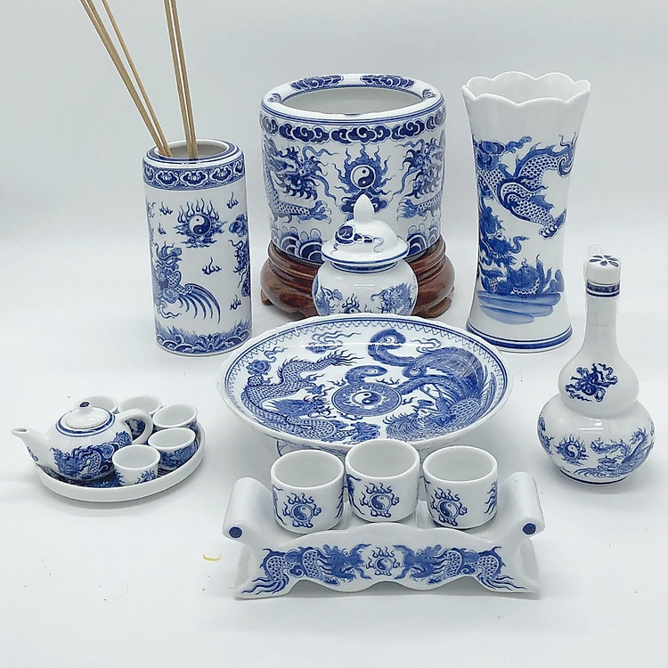 Bộ đồ thờ 9 món thờ thổ công/thần tài men xanh lam - Rồng nổi