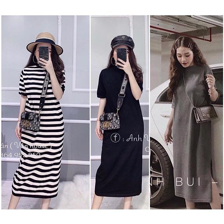 Đầm len suông 3 màu đen ghi kẻ