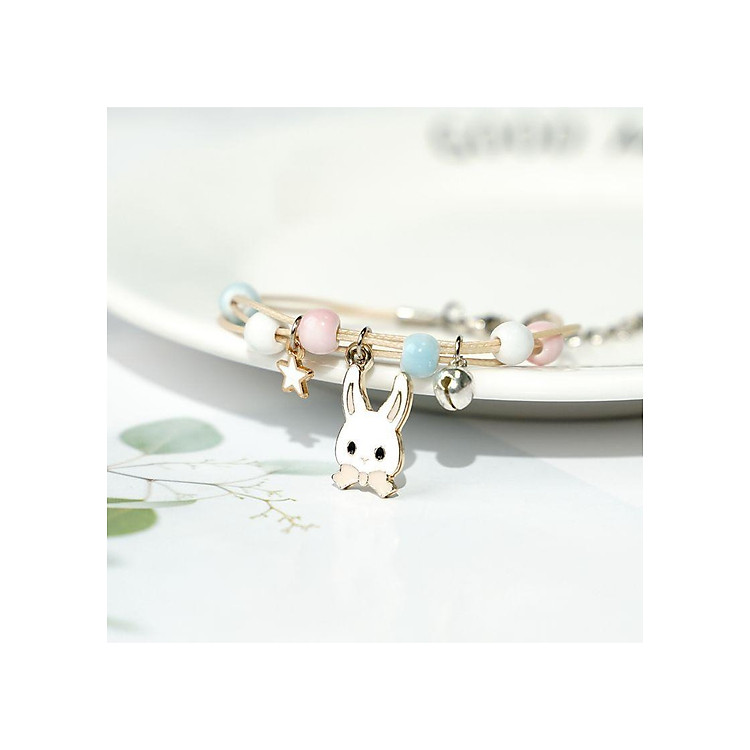 Vòng tay gốm xanh trắng hồng gắn thỏ cà rốt cầu vồng chìa khóa lăc tay nữ tặng ảnh Vcone