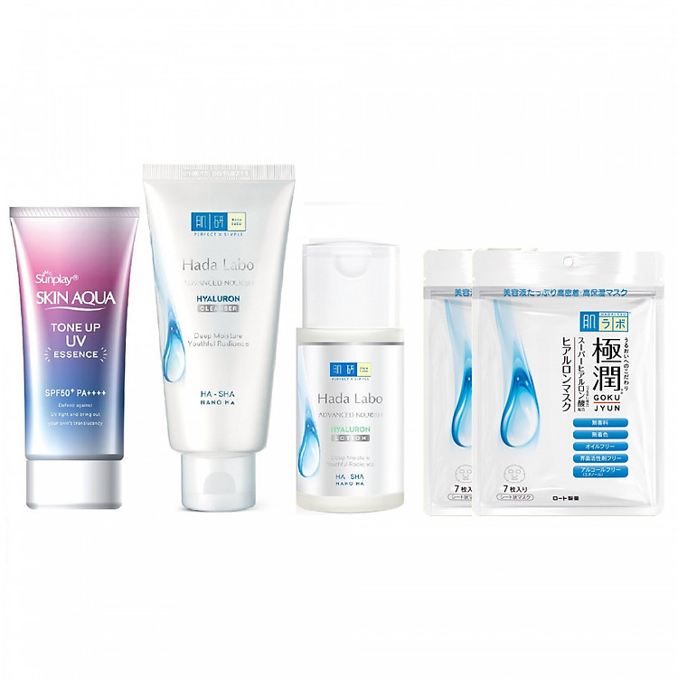 Bộ Sản Phẩm Chống Nắng Dưỡng Ẩm Sunplay - Hada Labo (Chống Nắng + Kem Rửa Mặt + Dung Dịch Dưỡng + Mặt Nạ Dưỡng Ẩm)