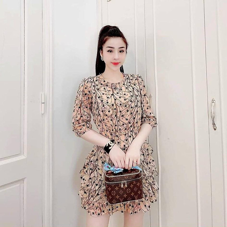 Đầm dáng xòe bông sương xép tầng thời trang, Đầm xòe dự tiệc