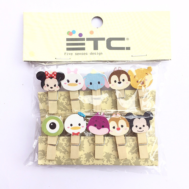 Bộ 10 kẹp ảnh gỗ hình nhân vật hoạt hình Disney (kèm dây)