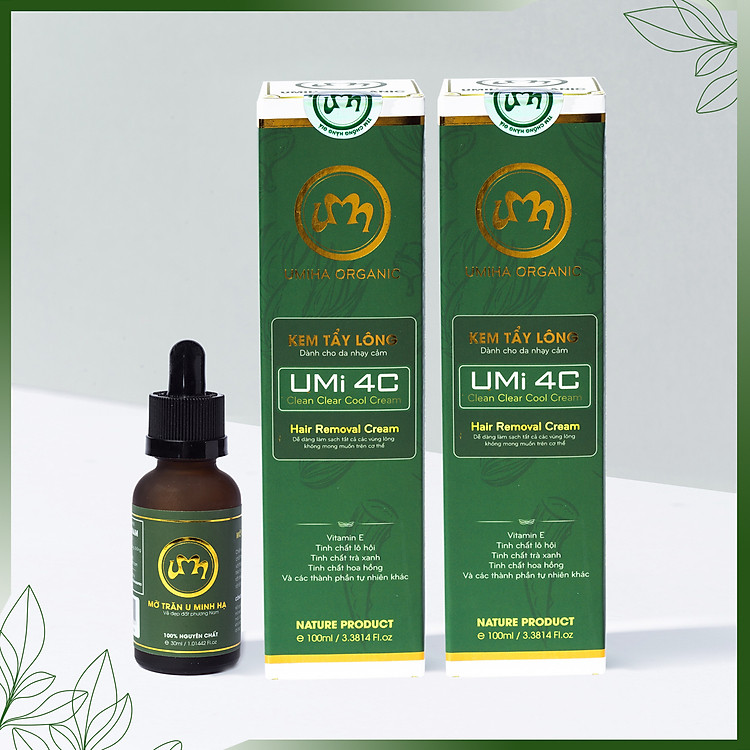 Combo tẩy triệt lông Body Toàn Thân vĩnh viễn UMIHA tại nhà | Mỡ trăn triệt lông vĩnh viễn U Minh Hạ (30ml) và Kem tẩy lông UMIHA (65ml x2) an toàn cho da nhạy cảm