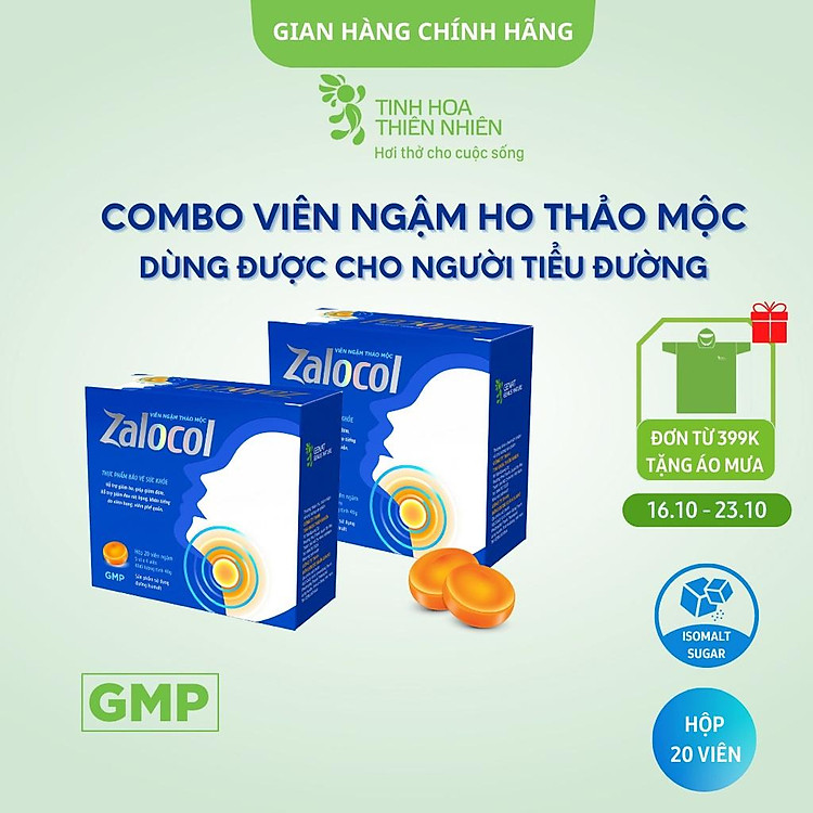 Combo 2 hộp viên ngậm Ho thảo mộc Zalocol Hỗ trợ giảm đờm, đau rát họng, khản tiếng do viêm họng, viêm phế quản (Hộp 20 viên) - Genat