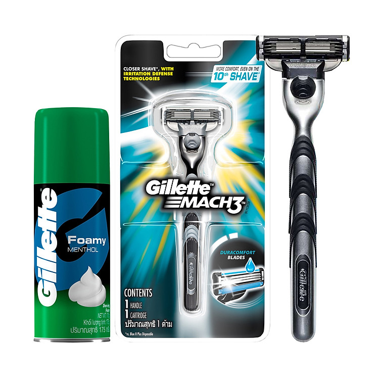Dao Cạo Râu Gillette Mach 3 Classic Và Bọt Cạo Râu Gillette Hương Bạc Hà Chai 175G