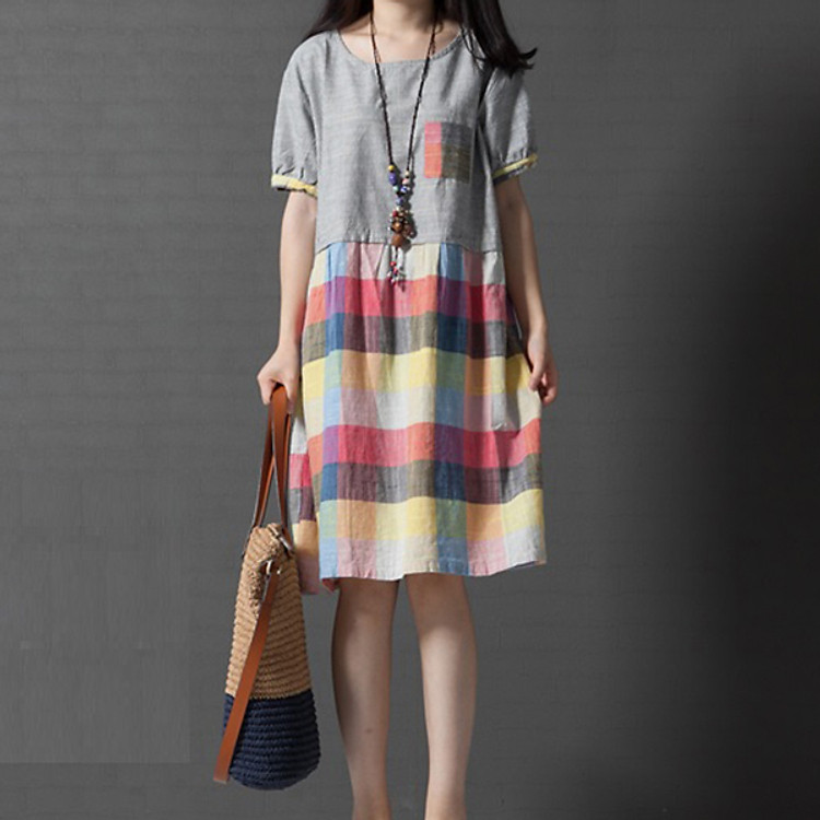 Đầm bầu công sở phối kẻ caro DB02