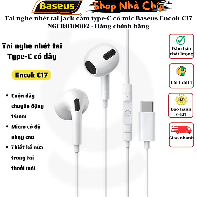 Tai nghe nhét tai jack cắm type-C có mic Baseus Encok C17 NGCR010002 - Hàng chính hãng
