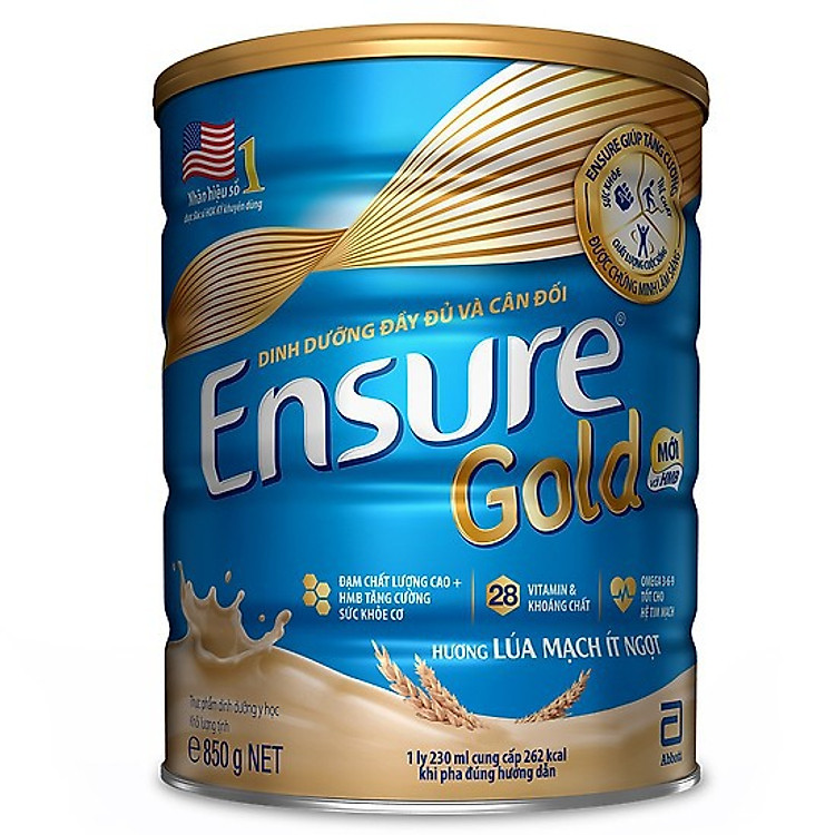 Sữa Bột Ensure Gold Abbott Hương Lúa Mạch Ít Ngọt Hộp 850g