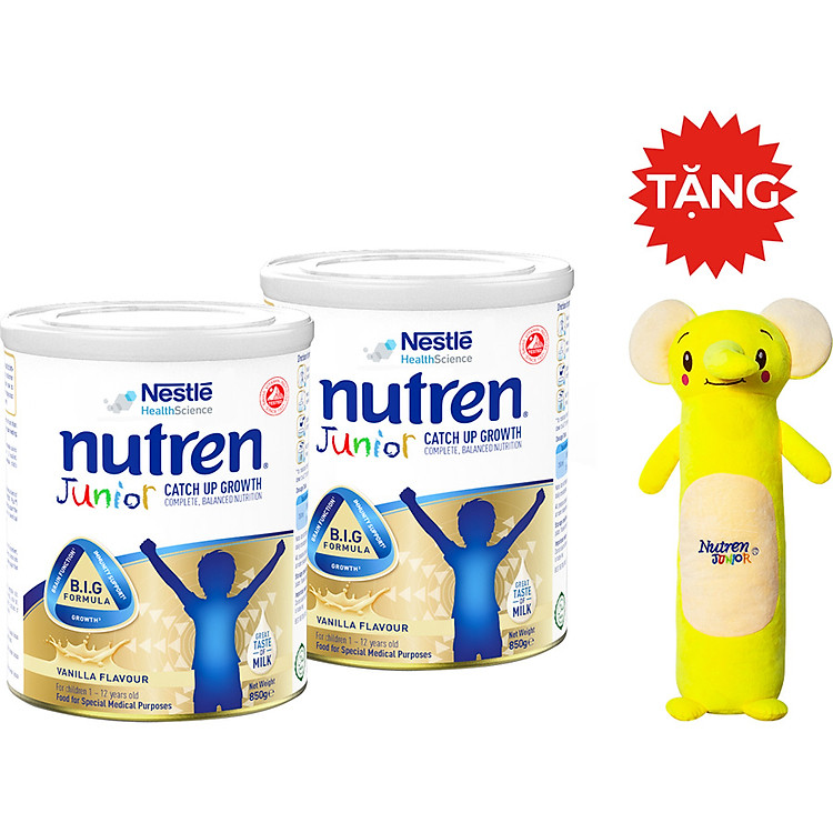 Combo 2 lon sản phẩm dinh dưỡng y học Nutren Junior cho trẻ từ 1-12 tuổi 850g tăng trưởng 3 chuẩn: Thế chất, Đề kháng, Tư duy - Tặng gối ôm con voi